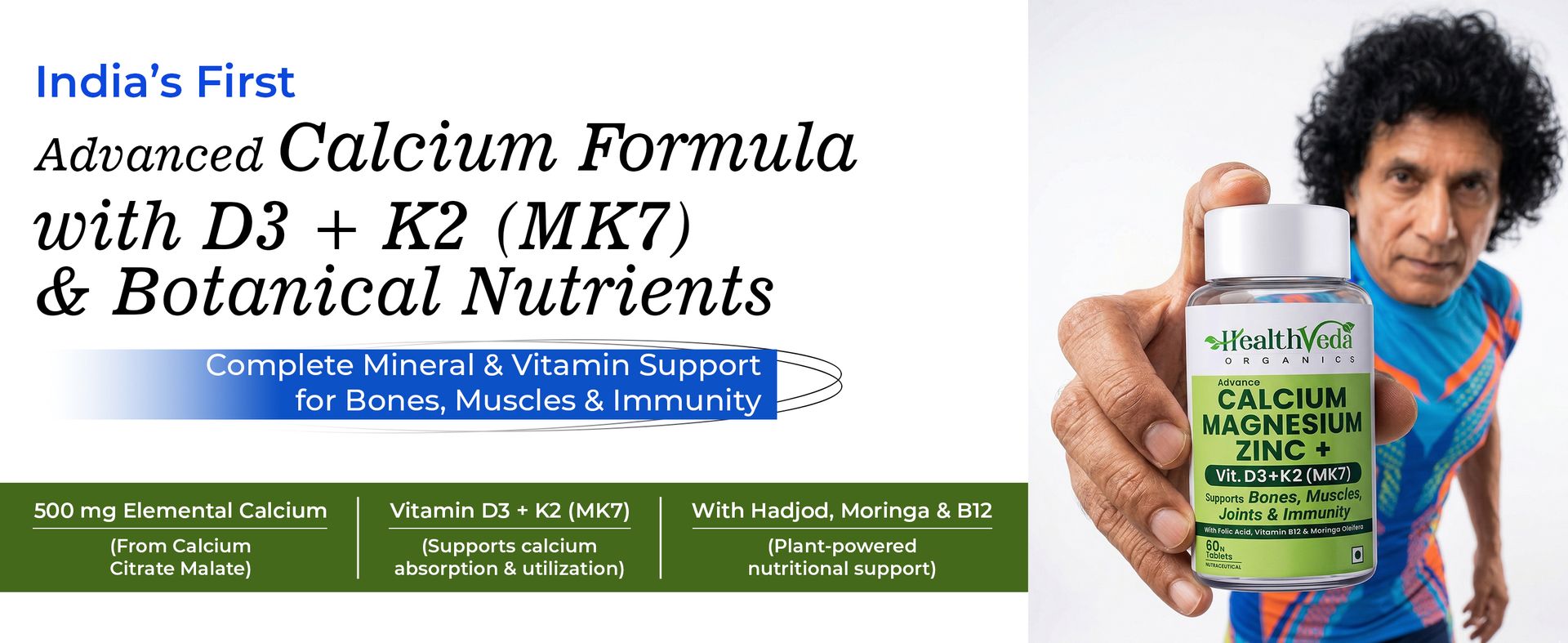 Health Veda Organics Calcium Magnesium Zinc with Vitamin D3, K2 MK7 & B12 | With Cissus Quadrangularis | Supports Strong Bones & Joint Health | 1000mg | 60 Veg Tablets | For Men & Women