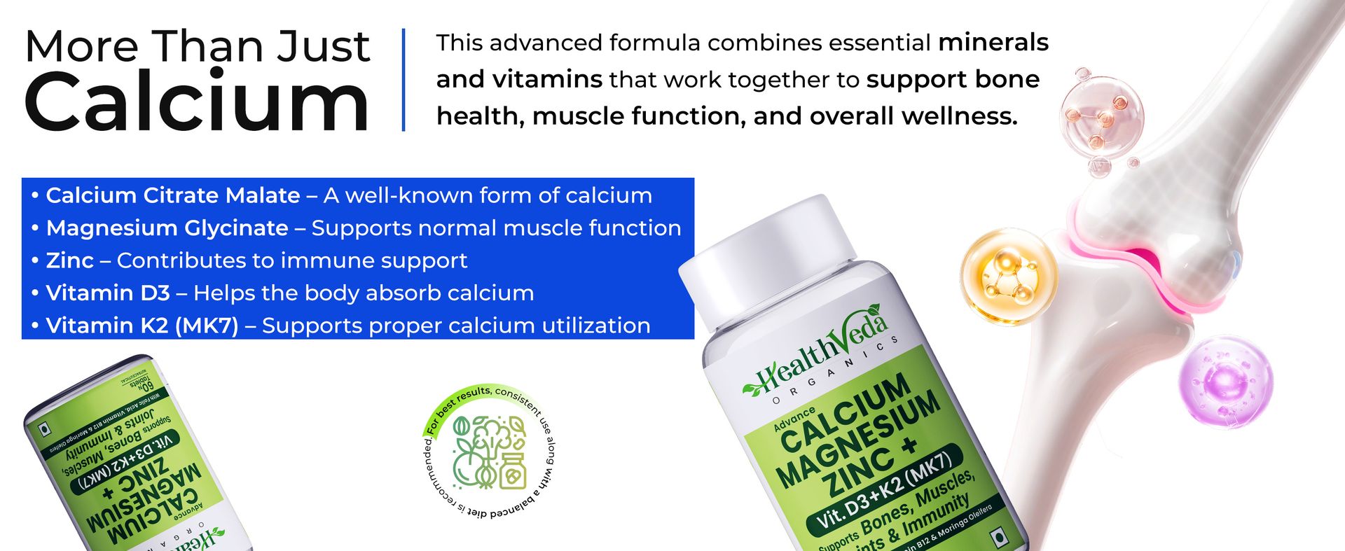 Health Veda Organics Calcium Magnesium Zinc with Vitamin D3, K2 MK7 & B12 | With Cissus Quadrangularis | Supports Strong Bones & Joint Health | 1000mg | 60 Veg Tablets | For Men & Women