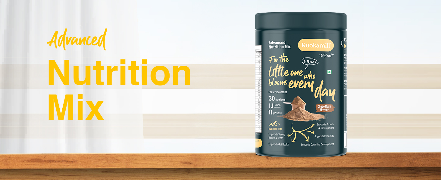 Ruokamill Kids Nutrition Mix | Age 4-12 | Supports Growth, Brain Development & Immunity |30 Nutrients, 11g Protein, Omega-3 (EPA & DHA), 1.1B CFU Probiotics | No Refined Sugar | (400g, Chocolate)
