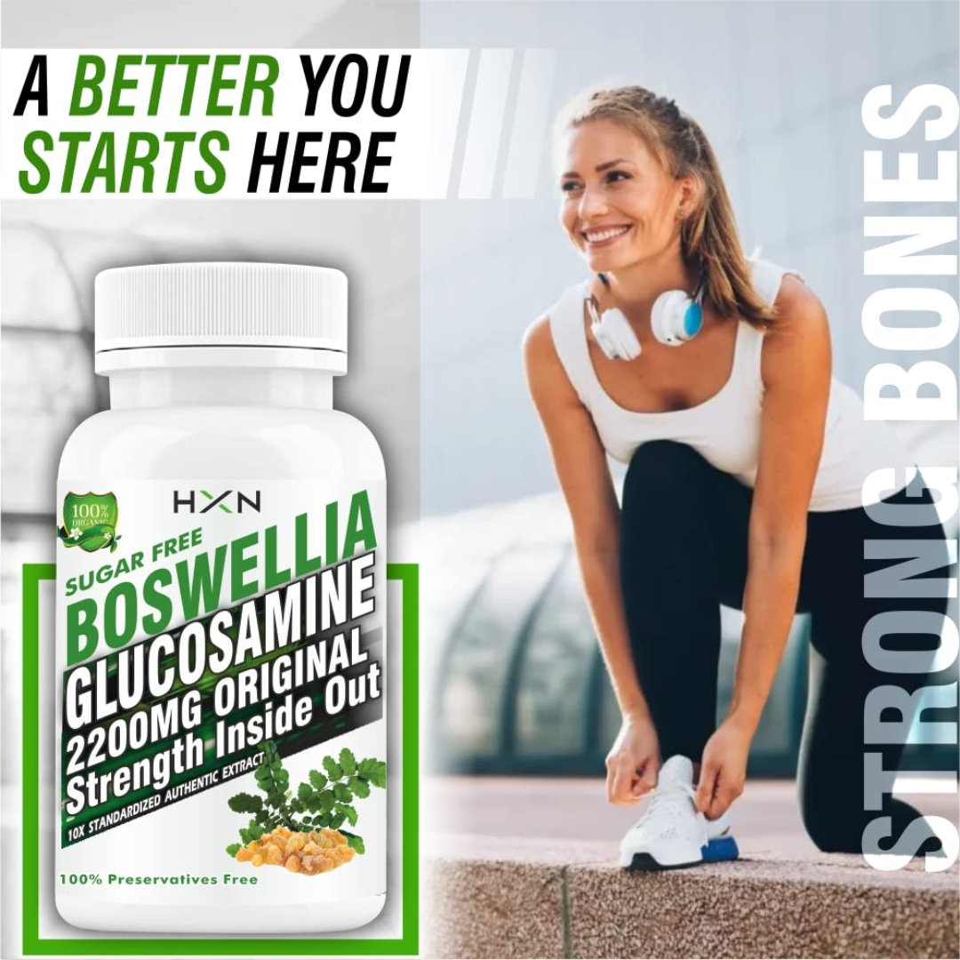 HXN Glucosamine Joint Support Supplement for Knee & Joint Pain Relief – with Boswellia Serrata (Shallaki), Chondroitin, MSM, Collagen Type 2 – 60 Vegetarian Tablets, Sugar & Gluten Free