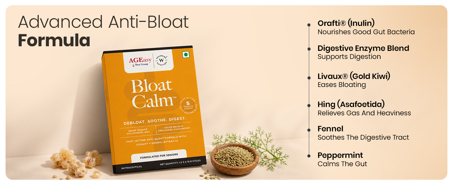 AGEasy x Wellbeing Nutrition Bloat Calm for Seniors | Reduces Bloating & Gas | 3-in-1 Gut Active Formula with Livaux®, 5 Digestive Enzymes & Herbal Extract | Raw Mango Flavour, 15 Sachets