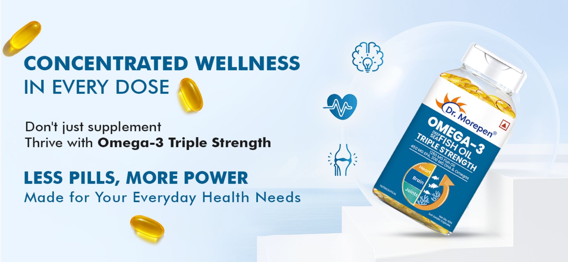 Dr. Morepen Omega-3 Fish Oil | 1250mg Triple Strength Fish Oil Softgel Capsules (450mg EPA & 300mg DHA) | For Joint & Heart Health (60 Capsules)