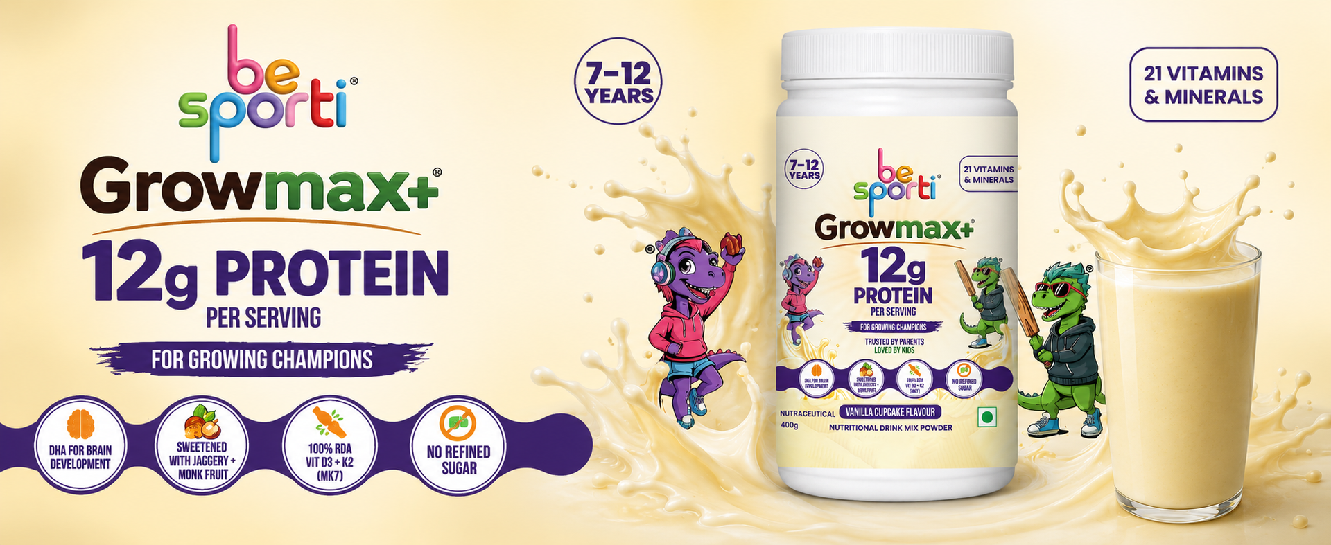 Growmax+ Kids Protein Powder 12g Protein, Vanilla 400g, Age 7-12