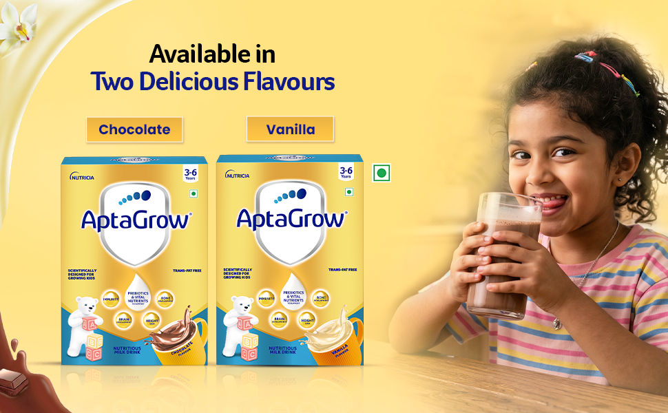 AptaGrow Milk Drink Powder For Kid S Height Gain,Immunity & Brain Development,Nutritious & Tasty Chocolate Flavor,400 G|37 Nutrients|Prebiotics|Low Fat|Veg,1 Count,13 Servings