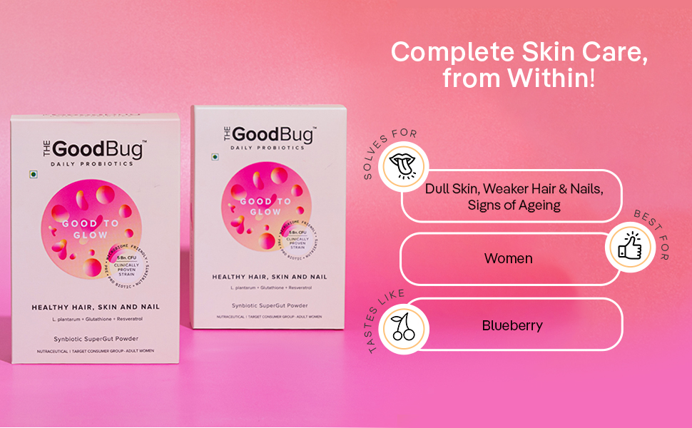 The Good Bug Good To Glow SuperGut Powder for Glowing Skin | Pre & Probiotic Supplement for Healthier Skin, Hair & Nails for Women | 5 Billion CFU of Clinically Proven Strains | 15 Days Pack