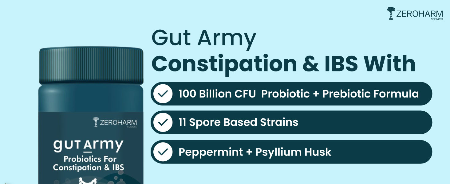 ZEROHARM Gut Army Probiotics Constipation & IBS - With Prebiotics, Psyllium Husk & Pipperment Extract - Improves Digestion & Gut, Colon Cleanse, Bloating Relief - for Men & Women - 120 Veg Capsules