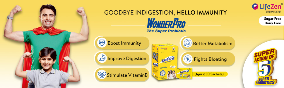 Wonderpro Probiotics Supplement 5 Billion CFU (Pack of 2), Gut Health Supplements with Probiotic | Good for Digestion, Reduce Bloating l No Gluten & No lactose | Sugarfree 30 Sachet (1gm Each Sachet)