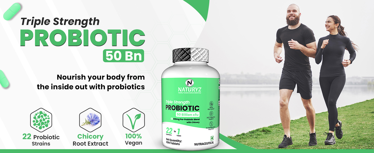 NATURYZ Triple Strength Probiotic 50 Billion CFU with Highest Pre-Probiotic 600 Mg | Chicory Root | 22 Nutrients for Gut Health | 24/7 Digestion | Supports in Occasional Constipation, Diarrhea, Gas & Bloating for Women & Men | No Refrigeration required - 60 Tablets