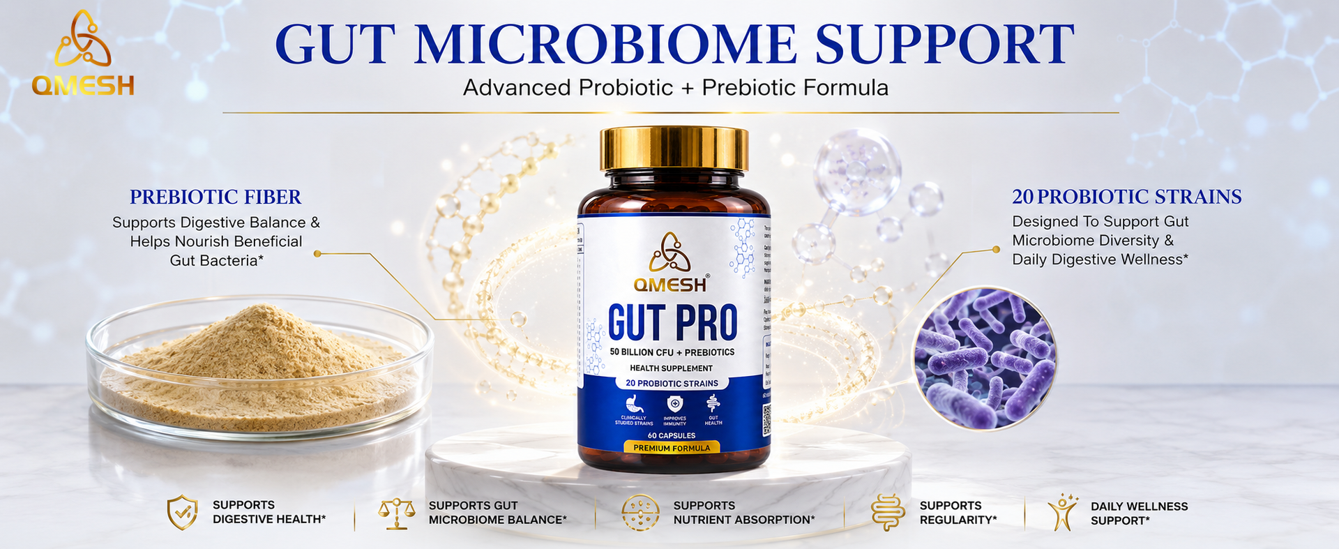 Gut Pro Probiotics Supplement 50 Billion CFU + Prebiotic Inulin | 20+ Probiotic Strains with Lactobacillus, Bifidobacterium & Saccharomyces Boulardii | Gut Health, Digestion, Bloating Relief & Immune Support