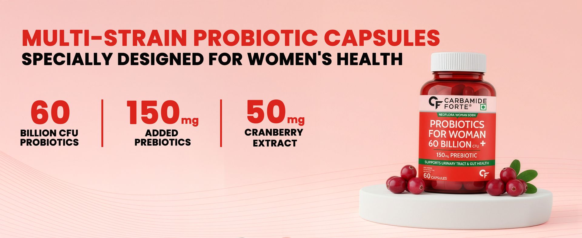 Carbamide Forte Women’s Probiotics Supplement 60 Billion CFU | Vaginal Probiotics & Gut Health Supplements with Cranberry Extract | 60 Veg Capsules (Pack of 3)