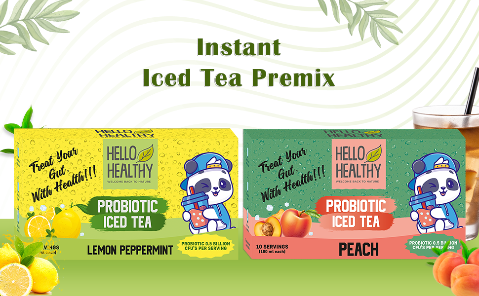 HELLO HEALTHY Instant Peach Iced Tea Powder – Refreshing Gut-Friendly Drink Mix 10 Servings Natural Peach Flavor Easy to Prepare Summer Beverage | No Artificial Ingredients