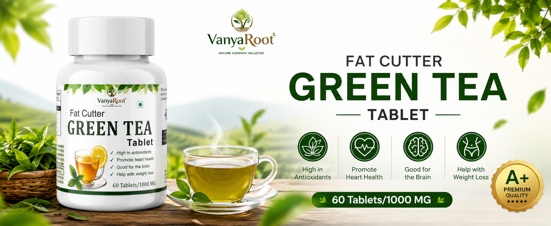VanyaRoot Fat Cutter Green Tea Wellness Tablet | Herbal Supplement with Green Tea Extract for Daily Wellness, Active Lifestyle & Routine Support 1000 MG, High in Antioxidants, 60 Tablets (1)