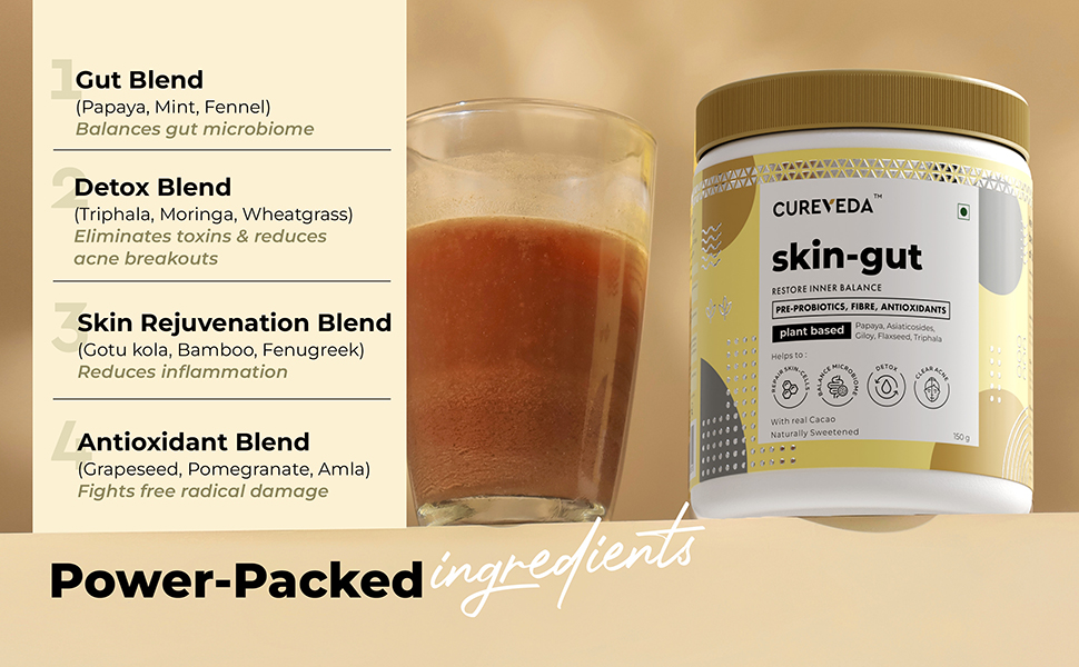Cureveda SkinGut Pre & Probiotic Powder for Clear Skin | Supports Acne Control | Gut Health| Skin Detox | Plant-Based Formula with Antioxidants | No Added Sugar & Artificial Flavour(150 gm)