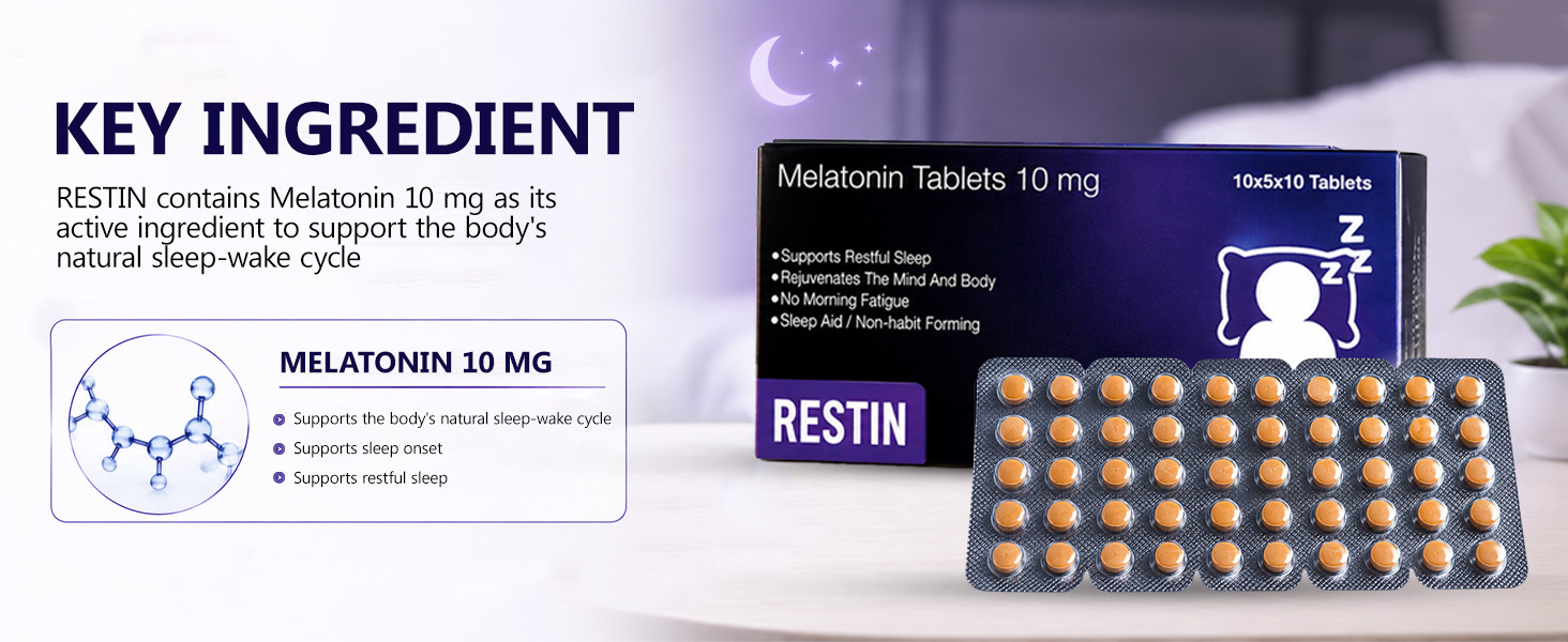 RESTIN Sleep Melatonin Tablets 10 mg for Men & Women | Oral Dissolving Mini Mints | Effervescent Tablets for Night-Time Routine | 50 Tablets (10 x 5 Tablets)