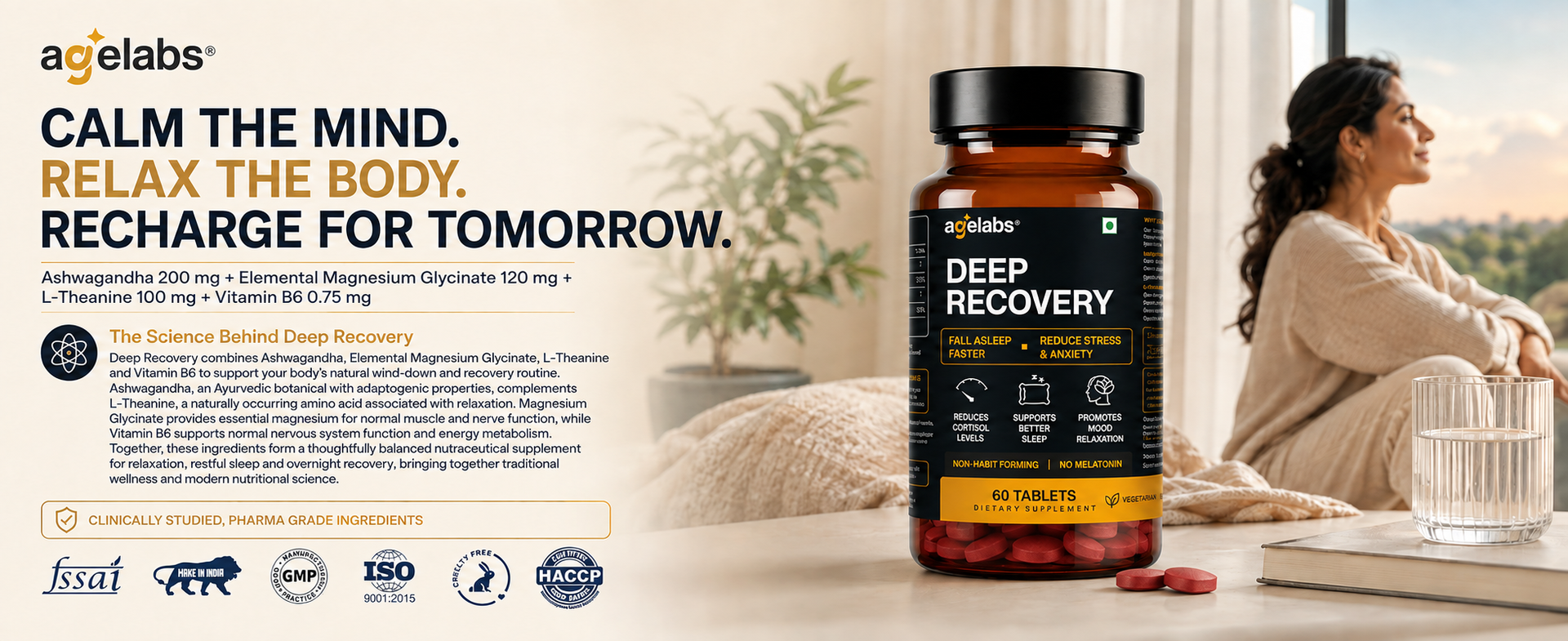 Deep Recovery | Magnesium Glycinate, Ashwagandha, L-Theanine & Vitamin B6 | Stress Relief, Better Sleep & Muscle Recovery Support | 60 Veg Tablets