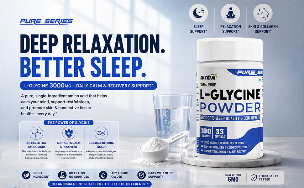 NutriJa L-Glycine Powder 100g | 3000mg Per Serving | 100% Pure Free Form Amino Acid | Supports Sleep Quality & Skin Health | 33 Servings