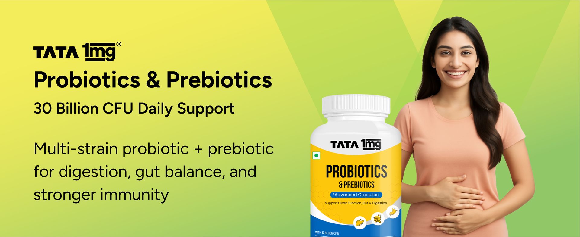 Tata 1mg Probiotics 30 Billion CFUs+ Capsules with Prebiotic Fiber- 30 Count | Gut Health & Digestion Support Supplement | For Men & Women