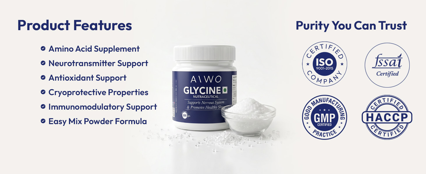 AIWO Glycine Powder 300 g | 99.9% Pure Amino Acid | Supports Nervous System & Brain Health | Promotes Relaxation, Healthy Sleep & Cognitive Balance | 60 Servings