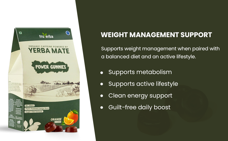 Organic Yerba Mate Power Gummies | Orange Flavour | Sugar-Free | Plant-Powered Energy Supplement | 30 Gummies