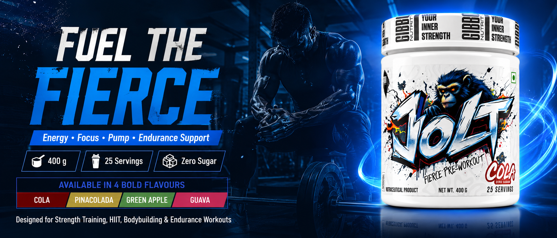 GIBBON JOLT Fierce Pre-Workout 400g 25 Servings | 7000mg Citrulline, 5400mg Beta-Alanine, 300mg Caffeine, 1000mg Taurine | Zero Sugar, Vegetarian, Gluten Free | Guava Flavour