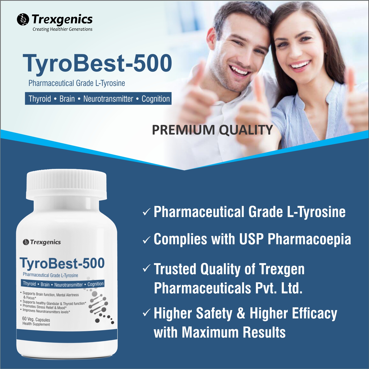 Trexgenics TyroBest-500 L-Tyrosine Pharmaceutical Grade - Thyroid, Stress, Neurotransmitter & Brain Function Support (60 Veg. Capsules) (1)