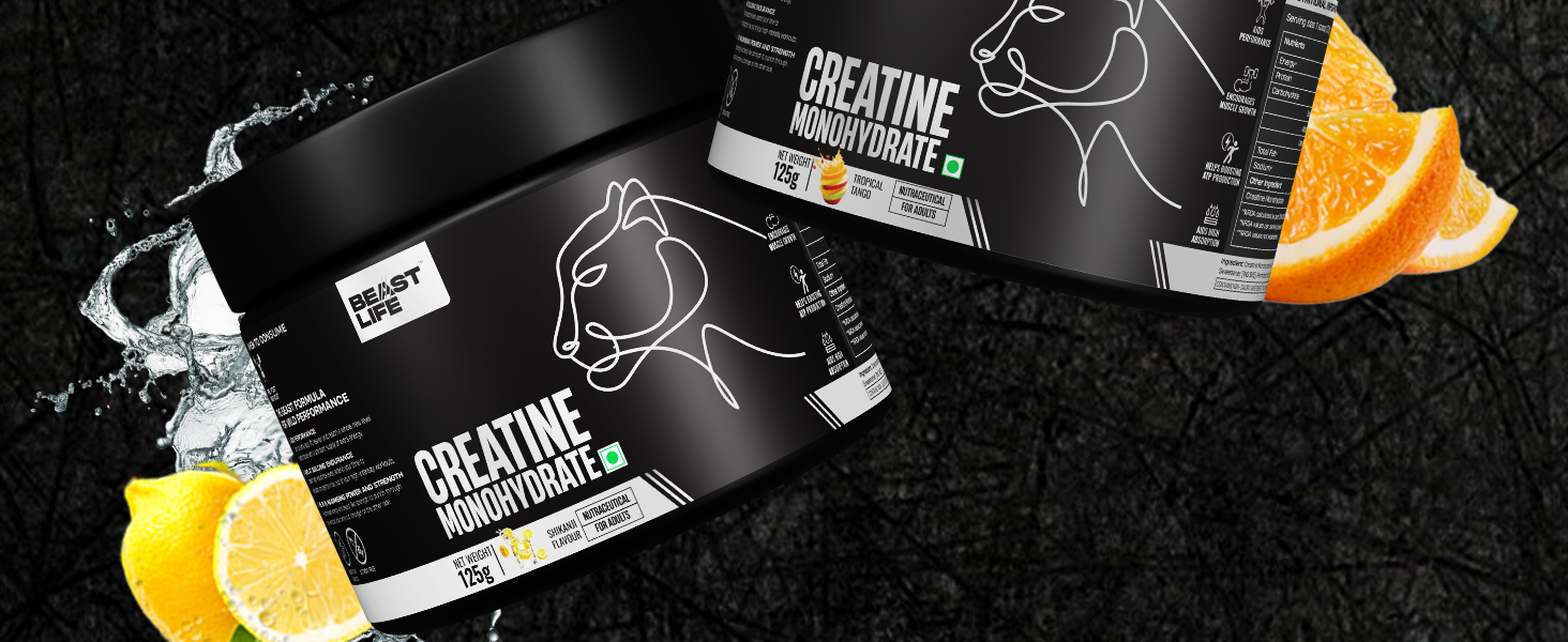 BeastLife Creatine Monohydrate | Super Micronised | 2 Flavours (125g X 2) | Rapid Absorption | Muscle Strength & Recovery | Shikanji + Tropical Tango | For Men & Women | Lab Tested | 66 Servings