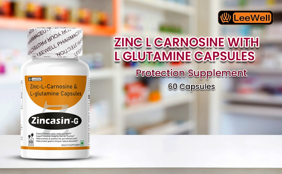 Zincasin -G (LeeWell) Zinc Carnosine with L Glutamine 1100mg Supplement | support gut lining repair, inflammation reduction, leaky gut recovery and digestive comfort- 60 Capsules