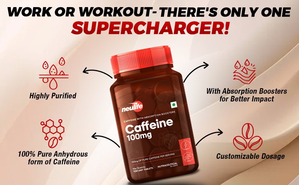 Neulife Caffeine 100mg Tablets | Pure Caffeine with Absorption Boosters | Pre workout supplements | Supports Weight Management ( 100 capsules), 1 count