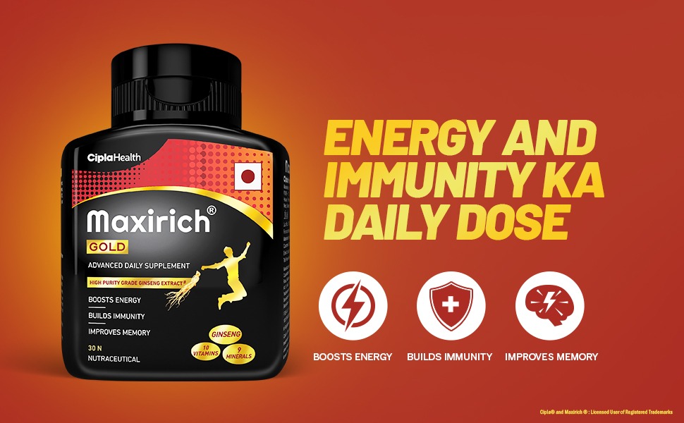 Cipla Maxirich Gold Daily Multivitamin (30 Softgels) with high purity grade Ginseng Extract*, 10 Vitamins and 9 Minerals | Boosts Energy & Immunity | Reduces Fatigue | Helps Improve Mental Alertness