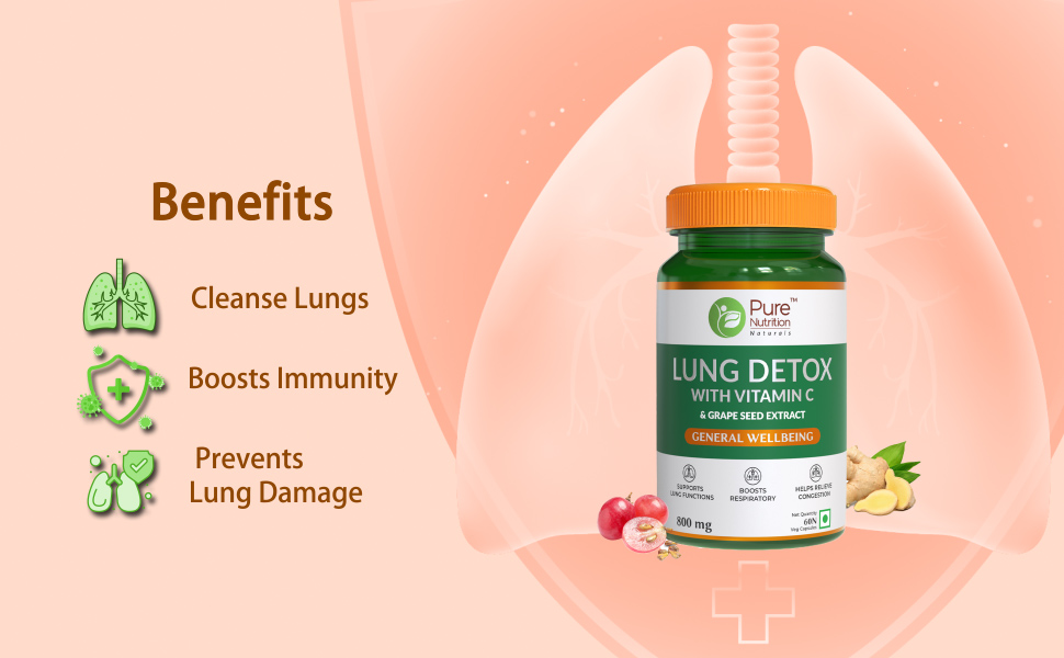 Pure Nutrition Lung Detox Supplement - 60 Veg Capsules | Quercetin, Vitamin C, Nettle, Vasaka Leaf, Lotus, Licorice & Ginger | Supports Lung Cleansing, Respiratory Health & Immune Defense | 100% Herbal Formula