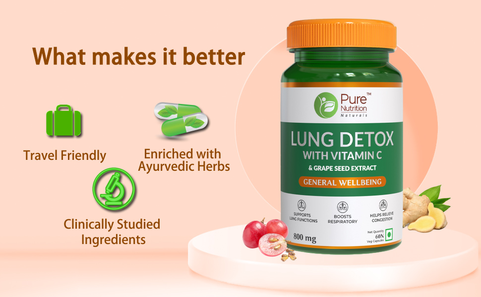 Pure Nutrition Lung Detox Supplement - 60 Veg Capsules | Quercetin, Vitamin C, Nettle, Vasaka Leaf, Lotus, Licorice & Ginger | Supports Lung Cleansing, Respiratory Health & Immune Defense | 100% Herbal Formula