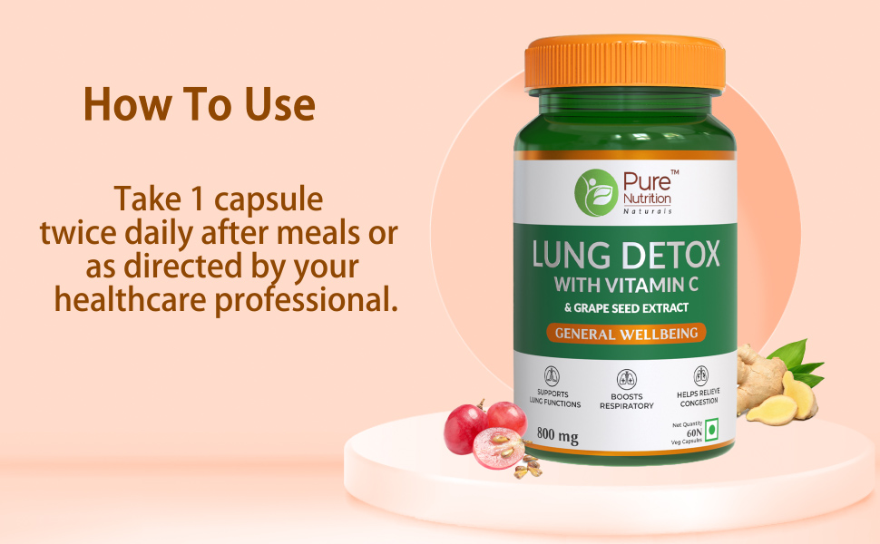 Pure Nutrition Lung Detox Supplement - 60 Veg Capsules | Quercetin, Vitamin C, Nettle, Vasaka Leaf, Lotus, Licorice & Ginger | Supports Lung Cleansing, Respiratory Health & Immune Defense | 100% Herbal Formula