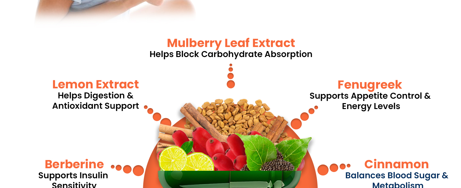 ZEROHARM Carb Cutter With Mulberry Leaf Extract, Berberine, Fenugreek, Lemon & Cinnamon for Post-Meal Glucose & Metabolism Support - Plant-based Support for Men,Women - 30 Capsules