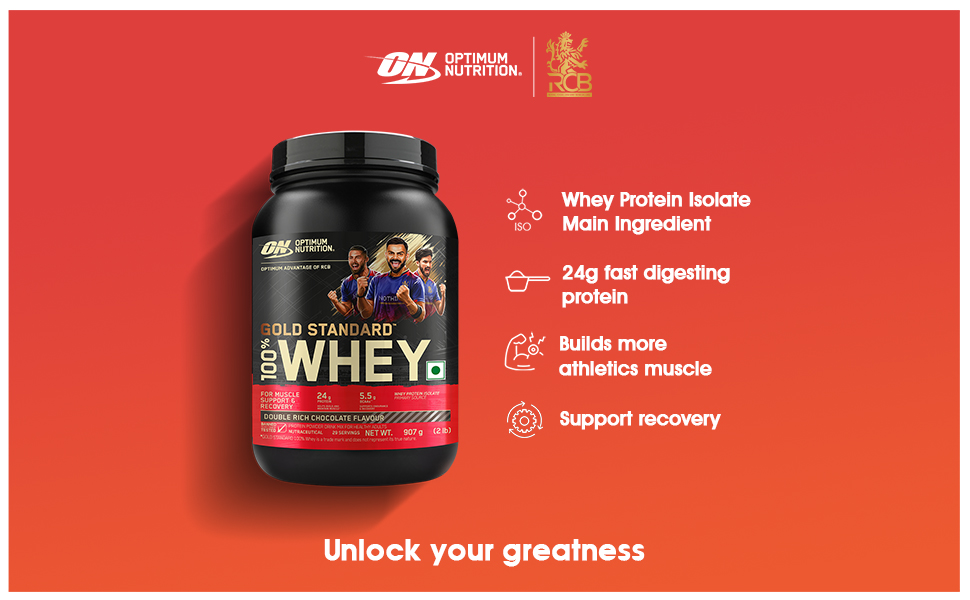 Optimum Nutrition (ON) Gold Standard 100% Whey 907 g, (Double Rich Chocolate) Protein Powder for Muscle Support & Recovery, Vegetarian - Primary Source Whey Isolate