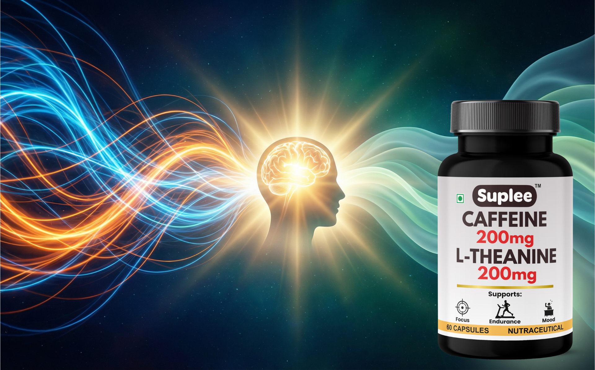 Suplee Caffeine 200mg & L-Theanine 200mg, Focus & Alertness Support, Pre-Workout & Study Aid, 60 Veg Capsules