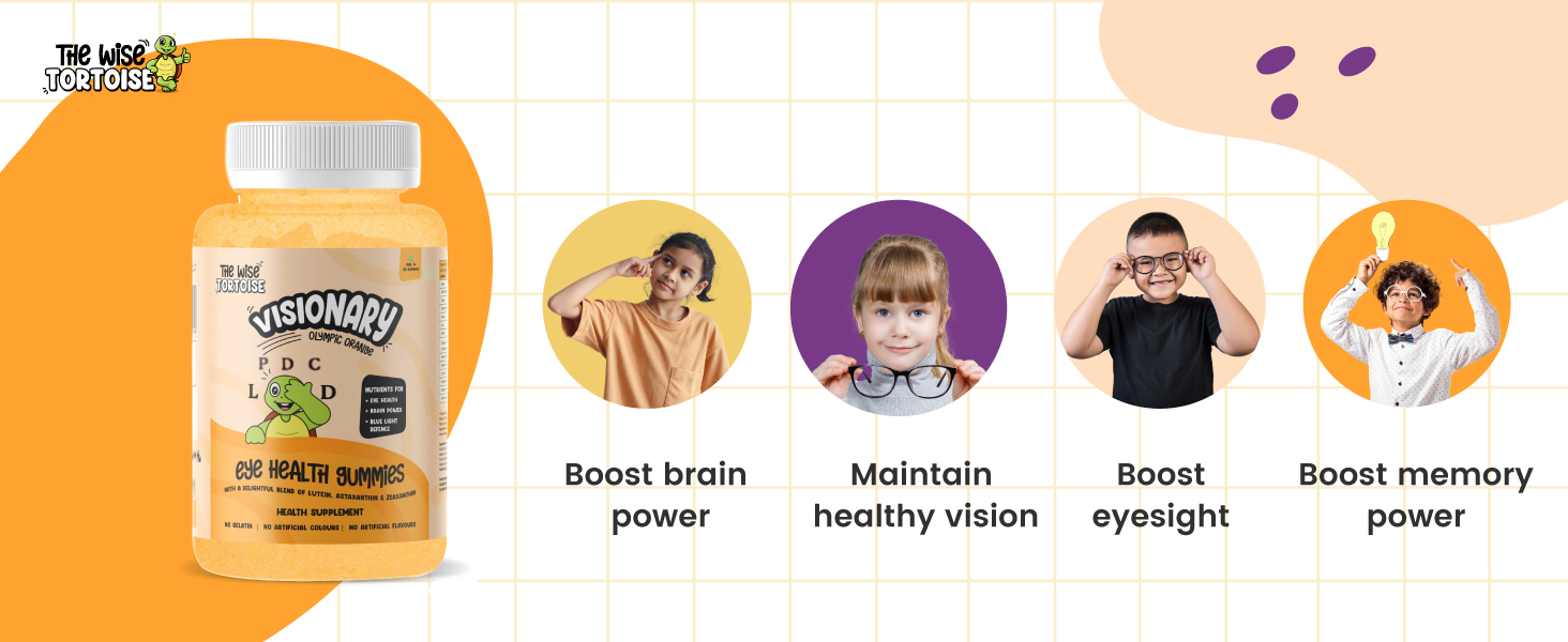 Visionary Eye & Brain Health Gummies for Kids (5–15 Yrs) | DHA + Lutein + Zeaxanthin for Daily Focus, Vision & Memory | 30 Gummies | Natural Olympic Orange Flavour | The Wise Tortoise