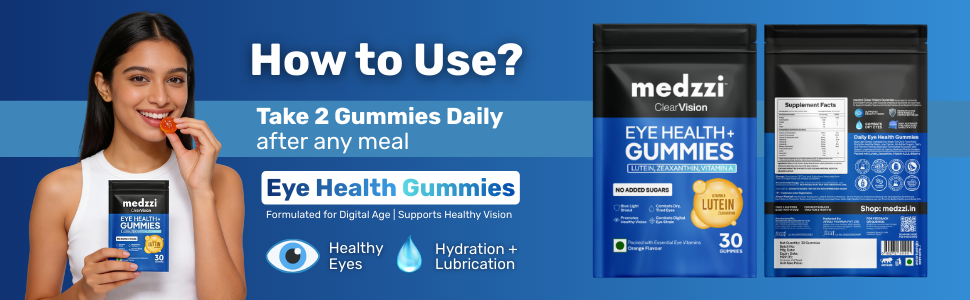 Eye Gummies by medzzi Clear Vision | Lutein & Zeaxanthin Supplement for Eyes | With Bilberry, Lycopene & Vitamins A, C, E | Reduces Digital Strain and Fatigue from High Screen Time | Orange Flavour | 30 Veg Gummies
