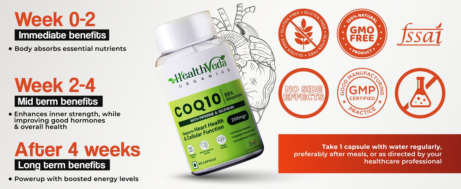 Health Veda Organics CoQ10 200 mg with BioPerine | 60 Capsules for Men & Women| High Absorption Coenzyme Q10 for Heart & Energy Support