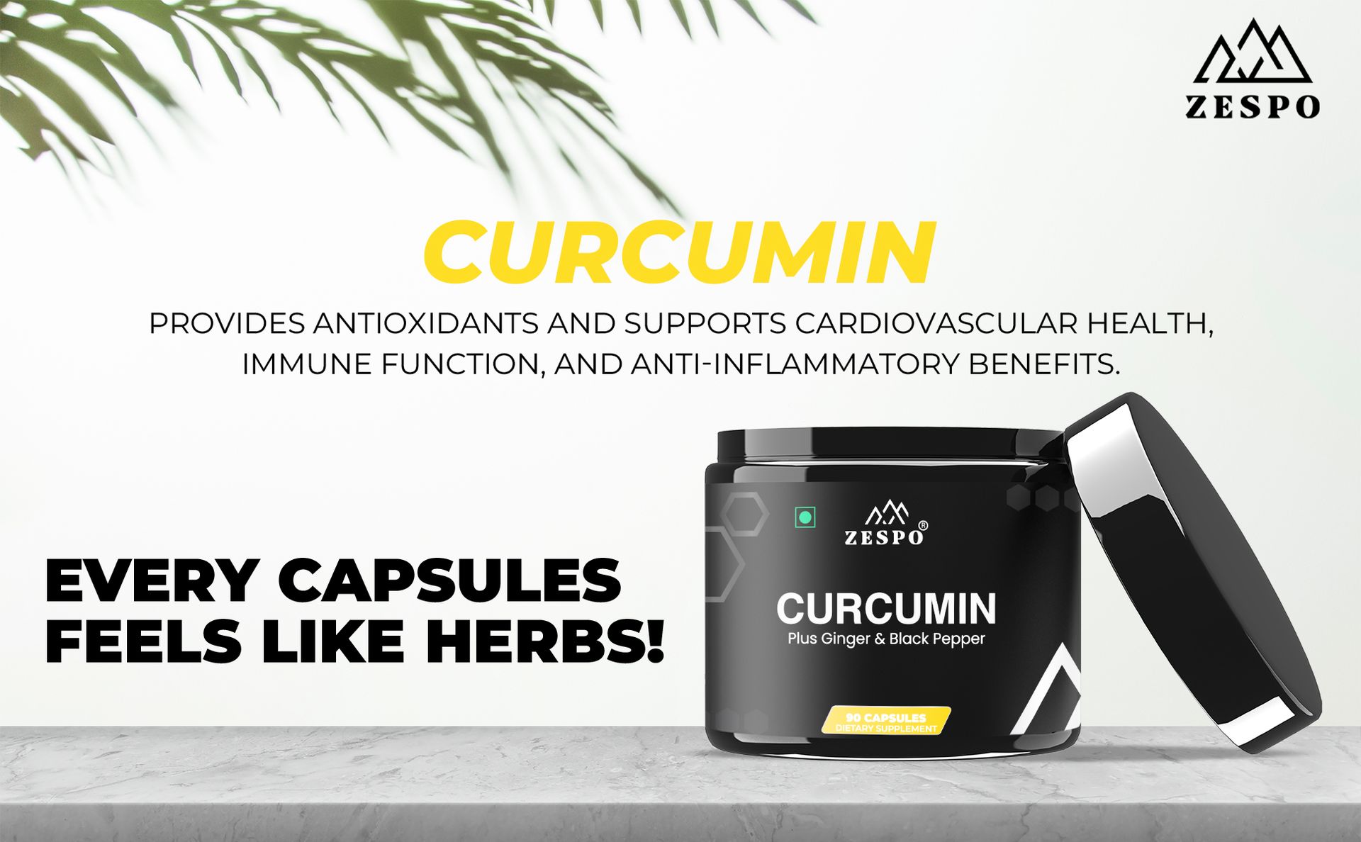 Zespo Curcumin 1000mg Supplement with Ginger & Black Pepper, 90 Capsules