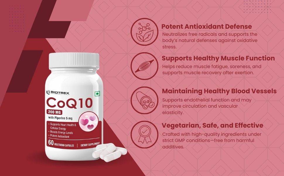 Biotrex Nutraceuticals High Bioavailabilty Coq10 200mg With 95% Purity Piperine 5mg (Coenzyme Q10) - 60 Vegetarian Capsules