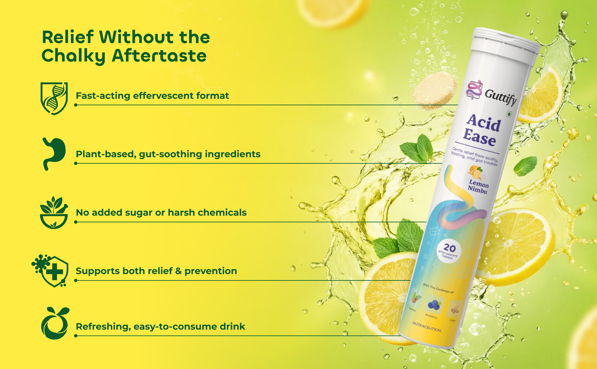 Acid Ease Lemon Khatta Effervescent Tablets with Triphala, Blueberry and Ginger for Acidity Relief, Gas Control, Indigestion Care and Bloating Ease | 20 Tablets