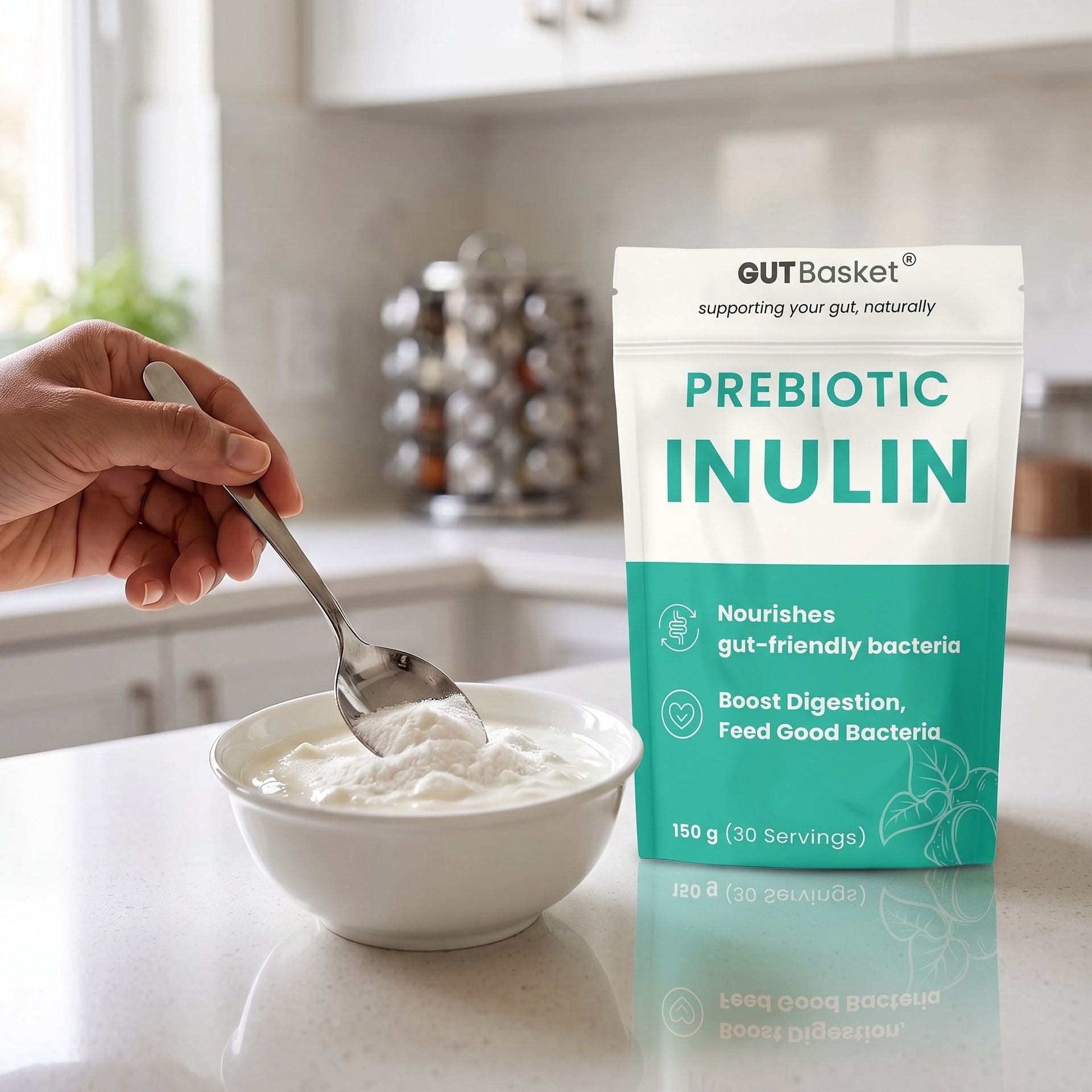 Gutbasket Pure Inulin Powder (250g) - Prebiotic Fiber for Gut Health & Digestive Wellness - Vegan, Non-GMO, Gluten-Free - Ideal for Smoothies, Coffee, and Baking