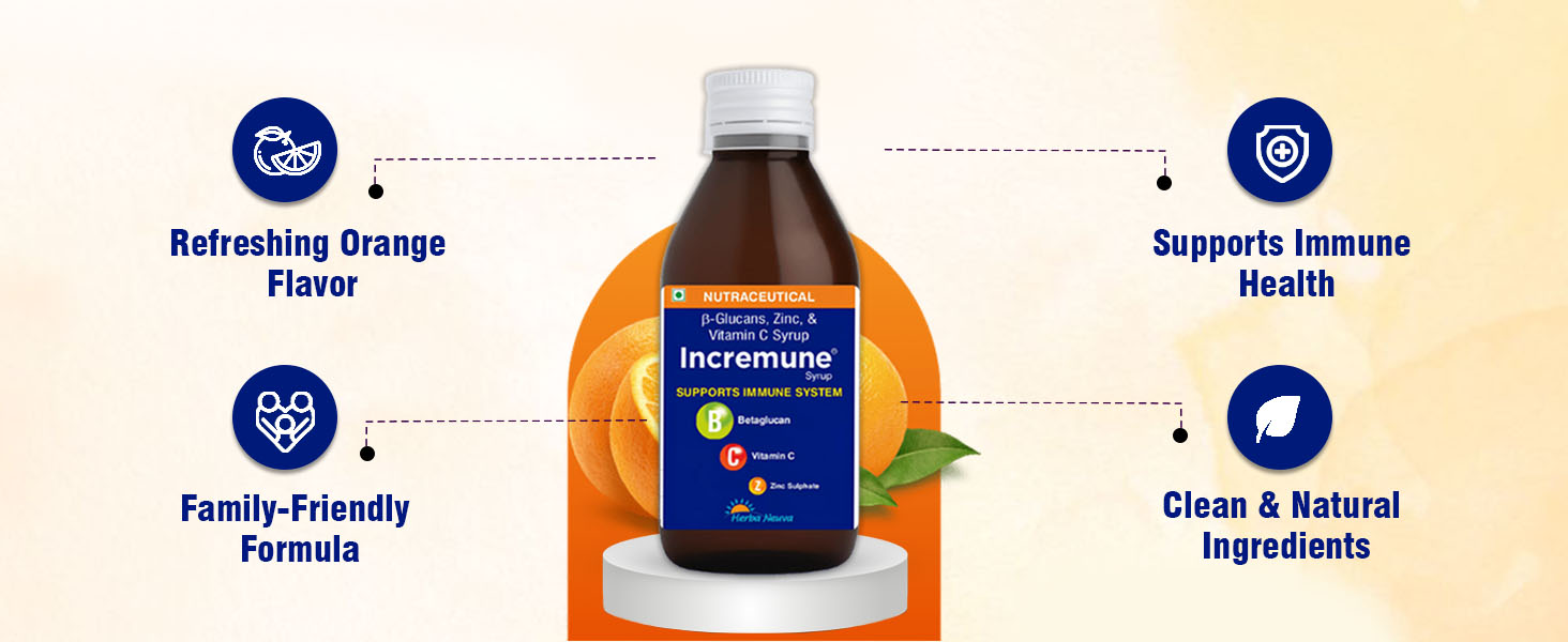 HERBA NEUVA Incremune Immunity Booster Syrup for Kids and Adults | Beta-Glucan with Vitamin C & Zinc | Supports Immune System | Helps Reduce Frequency of Recurrent Illness, Reduces Duration of Illness | Sweet Orange | 150 ml Syrup