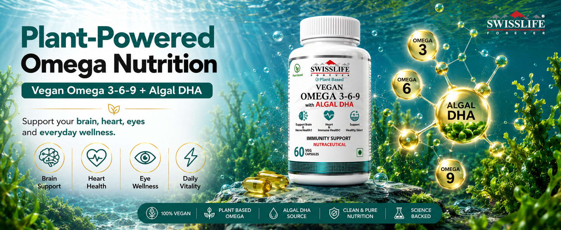 SwissLife Forever Plant Based Vegan Omega 3 6 9 with Algal DHA | Support Brain, Nerve, Heart & Immune Health | Healthy Skin for Men & Women (60 Capsules)