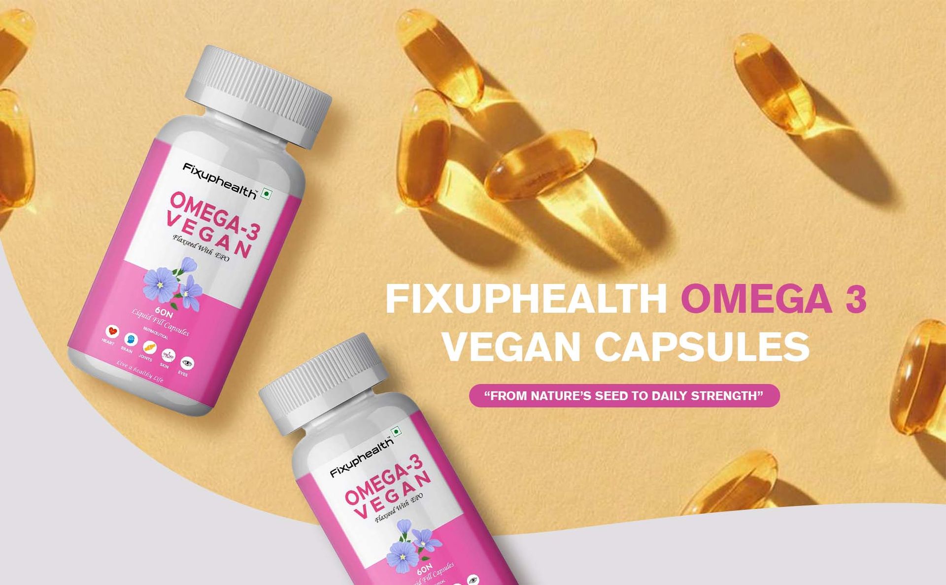 Fixuphealth Flaxseed Oil Omega 3 Vegetarian Capsules with Evening Primrose Oil | Vegan Omega 3 Supplement for Hair, Skin, Heart, Brain, Joint & Bone Health | 60 Liquid Filled Veg Capsules
