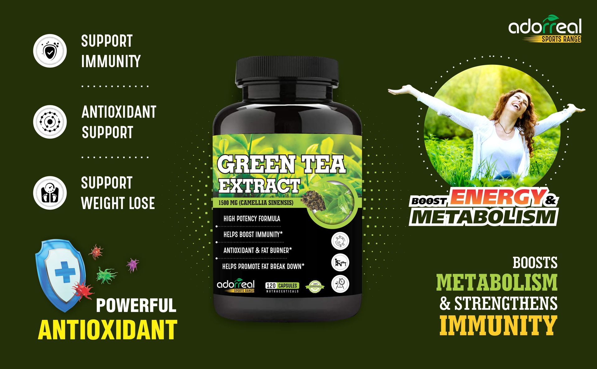 Green Tea Extract 60 capsules for Weight Loss (Fat Burner) & Antioxidant Metabolism Booster Supplement Capsule Support Healthy Weight Management & Support Regulation of Hunger