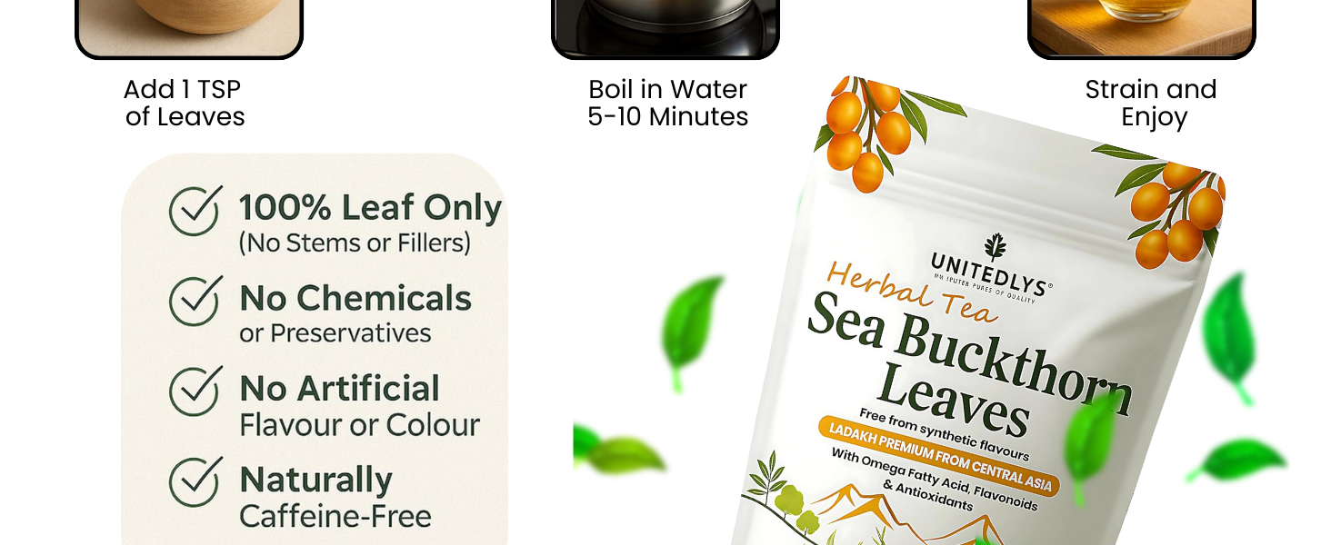 Unitedlys Himalayan Sea Buckthorn Leaves 50g | Supports Skin & Immunity | Caffeine-Free, Sun-Dried Sea buckthorn for Wellness & Healthy Lifestyle