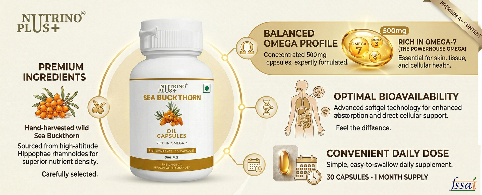 Sea Buckthorn Oil Capsules 500mg | Skin Glow & Anti-Ageing Supplement | Rich in Omega 7, Vitamins C & E | Hippophae Rhamnoides Extract | Antioxidant Capsules for Men & Women | 30 Count