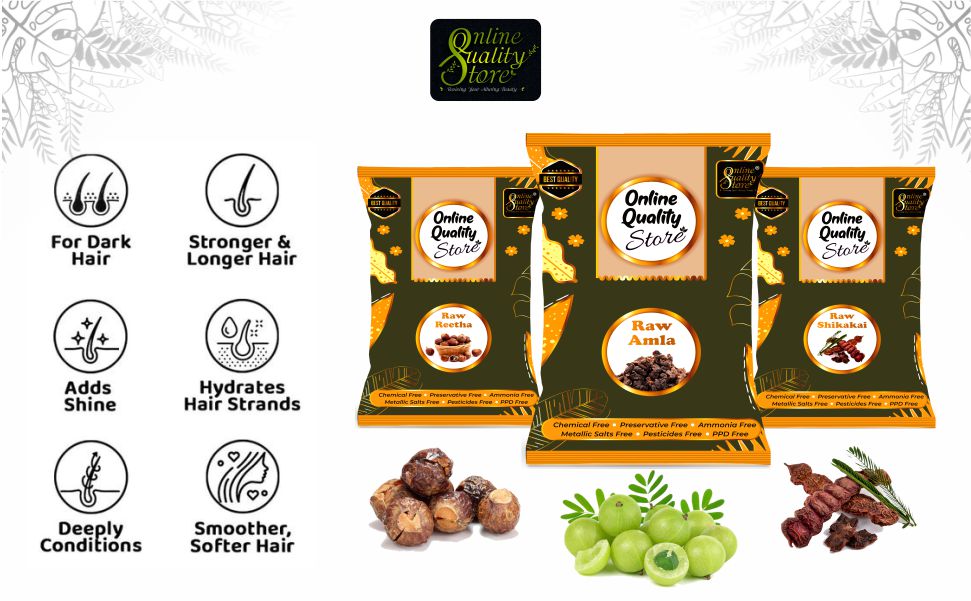Online Quality Store Reetha Amla Shikakai Combo Raw Form - 600g | Aritha | Soapnuts (Sapindus Mukorossi) | Indian Gooseberry | Dried Shikakai, Acacia Concinna