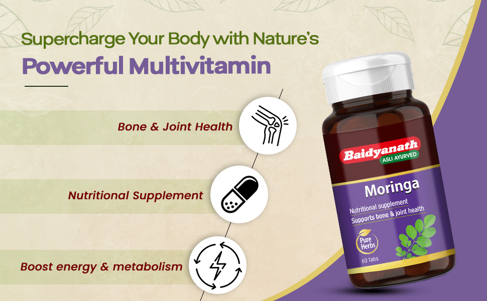 Baidyanath Moringa - 60 Tablets (Pack of 2) | Gives Natural Energy & Nutrients | Daily Nutrition, Bone & Joint Support, Energy & Metabolism | Pure Moringa Leaf Extract |